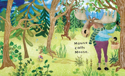 Mouse, in red beanie and yellow sweater, approaches Moose in the forest. Moose has a small basket of branches.