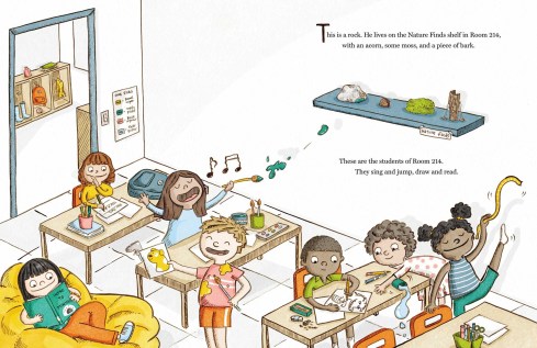 A classroom scene with perspective from above, a small cubby room in the left rear and then kids at their desks writing and drawing, a girl laying on a yellow beanbag chair reading, a girl singing, a girl dancing, a boy showing off his painting of a yellow bear, then the Nature Finds shelf hovering above them all, with Rick, an acorn, a piece of moss and a piece of bark