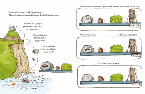 Rick looking proud at the top of a cliff and then a dotted line showing him tumbling off the side and splashing down into water, juxtaposed with the static Nature Finds shelf and his friends beside him talking...acorn, moss, and bark