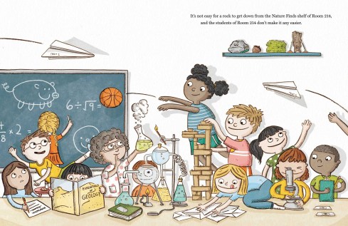 kids in the classroom doing various things like writing on the board, flying paper airplanes, setting up vials and beakers for science tests, shooting a basketball, building with blocks, reading a Geology book, looking though a microscope, all smiling and having a good time while the Nature Finds shelf looks on from above