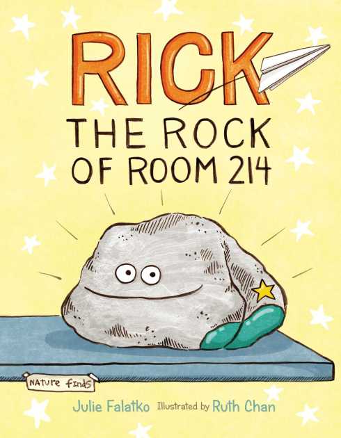 Yellow background, RICK in 3D orange letters with a paper airplane zooming by, with Rick himself below, a rock with google-y eyes and a line smile, a little green-blue paint and a gold star on his right side