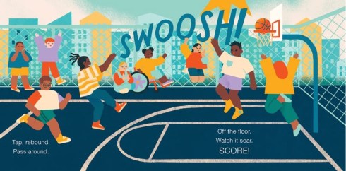 scene of basketball court and SWOOSH! A player shooting a free throw, plus kids all over the court cheering, jumping, running, rolling (in a wheelchair) and having a fun time