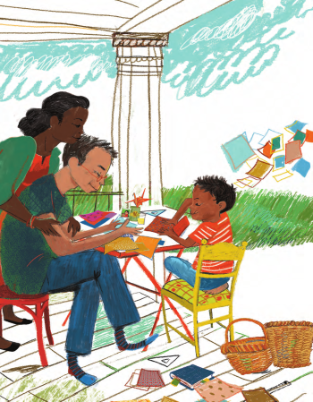 Black mother and Asian father sit at an outdoor table with son. On the porch there are baskets, books and papers. On the table are many colorful, decorative papers, and the father is holding an orange square of paper and showing the son how to fold it. A darker color orange origami crane sits on the table, watching.