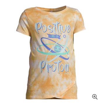 "Positive Proton" shirt in tie-dye yellow and white with blue and green proton orbital paths.