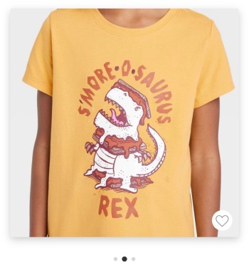 S'More-o-Saurus Rex shirt in yellow wiith light red writing and a dinosaur covered in chocolate, marshmallow and graham crackers.